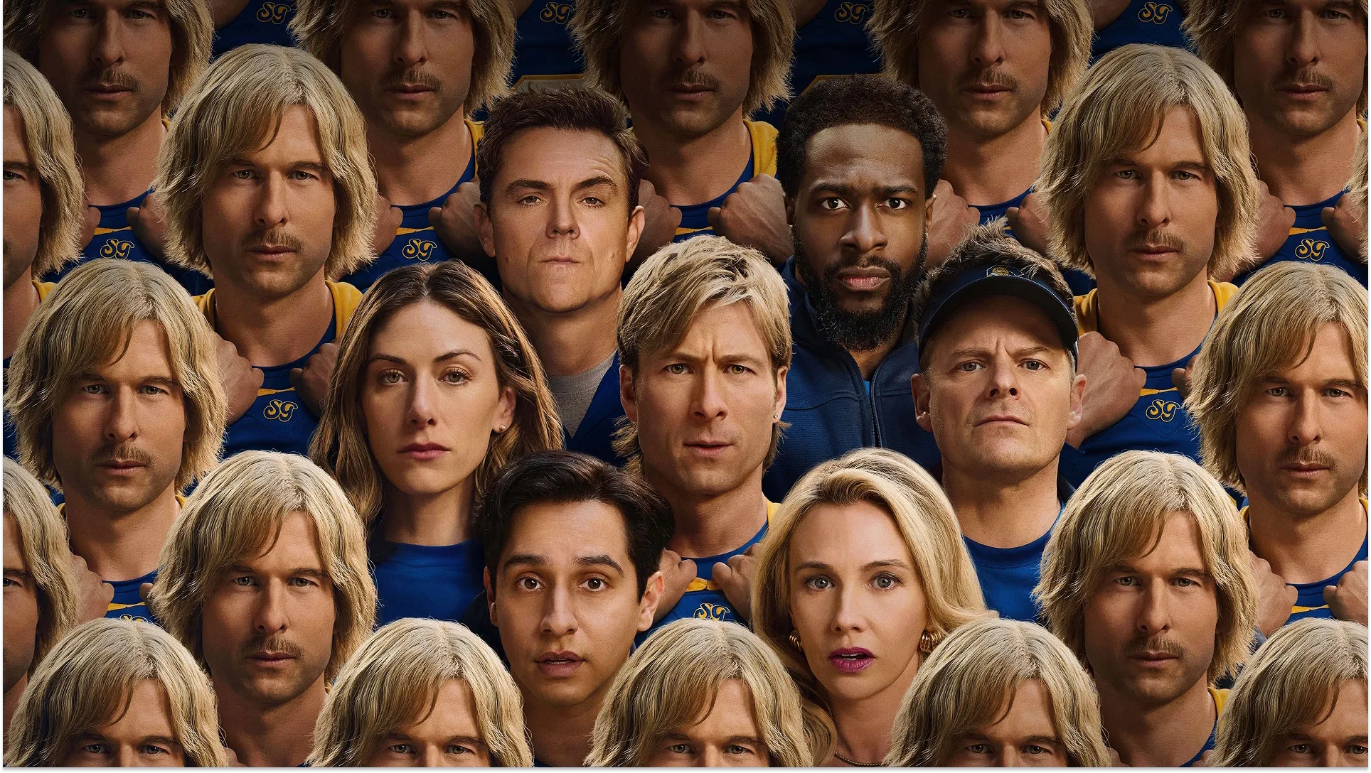 This image shows the key art for the second season of the comedy series Chad Powers, starring Glen Powell.