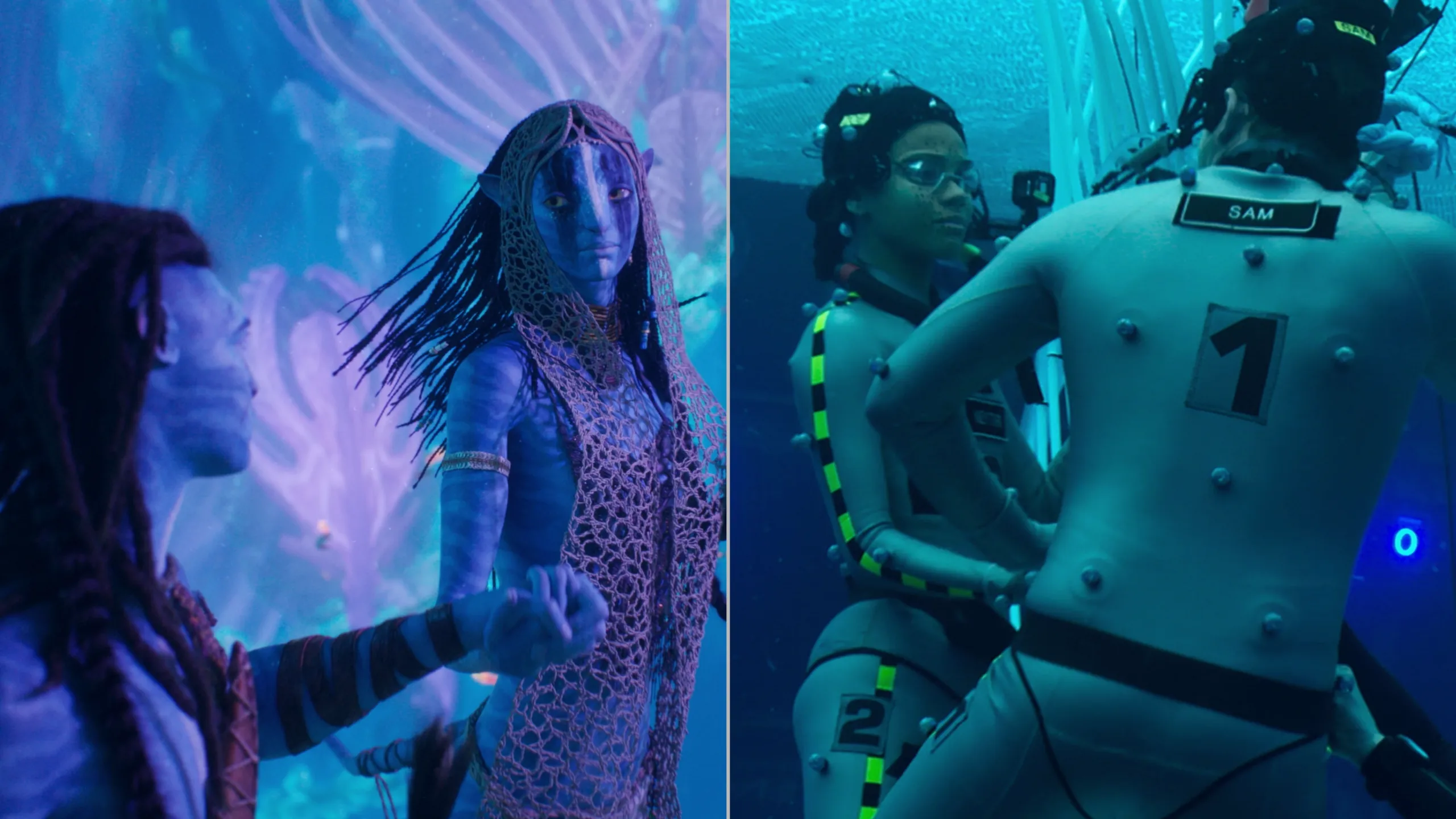 A side-by-side of two Na'vi dancing and the performers filming the sequence, dressed in high-tech gear