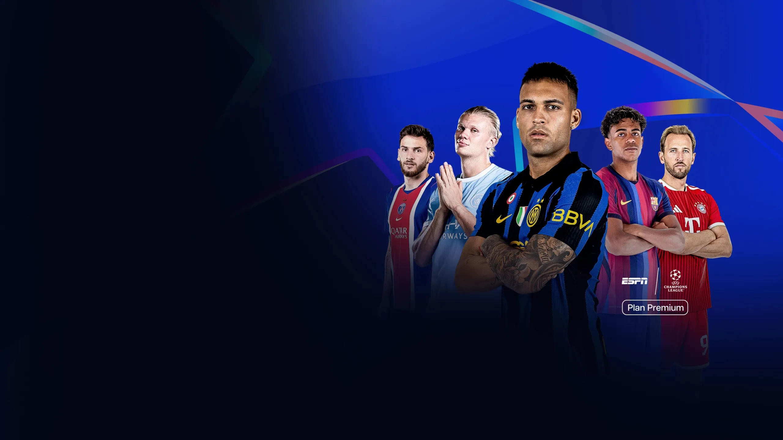 Arte de la UEFA Champions League con jugadores de fútbol de los principales clubes europeos.