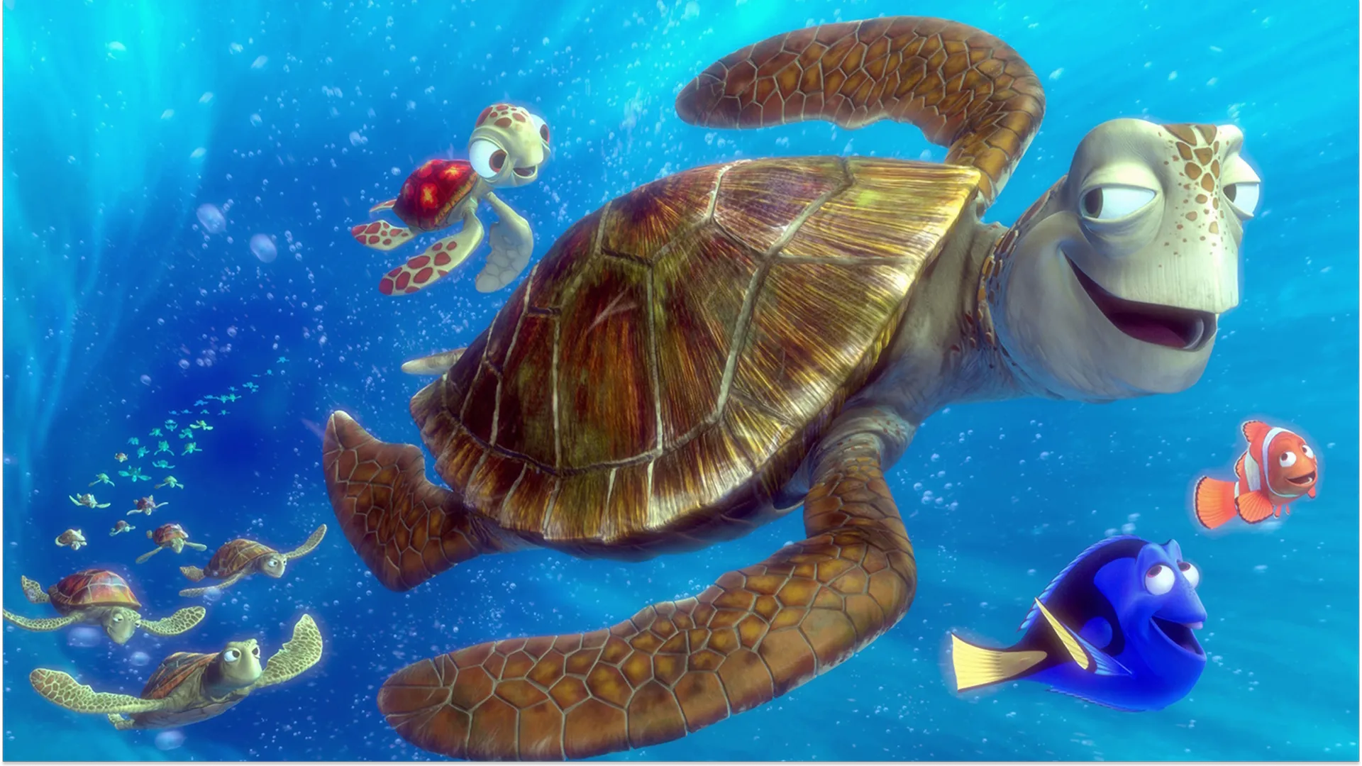 Tartarugas com os peixes Dory e Marlin no já clássico filme Procurando Nemo