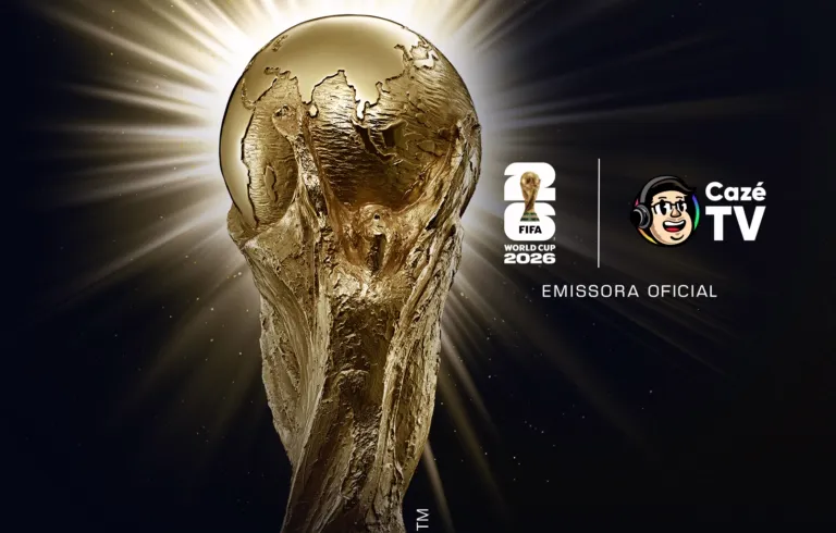 Imagem do troféu da Copa do Mundo 2026 em anúncio da transmissão dos jogos no Disney+ pela Cazé TV