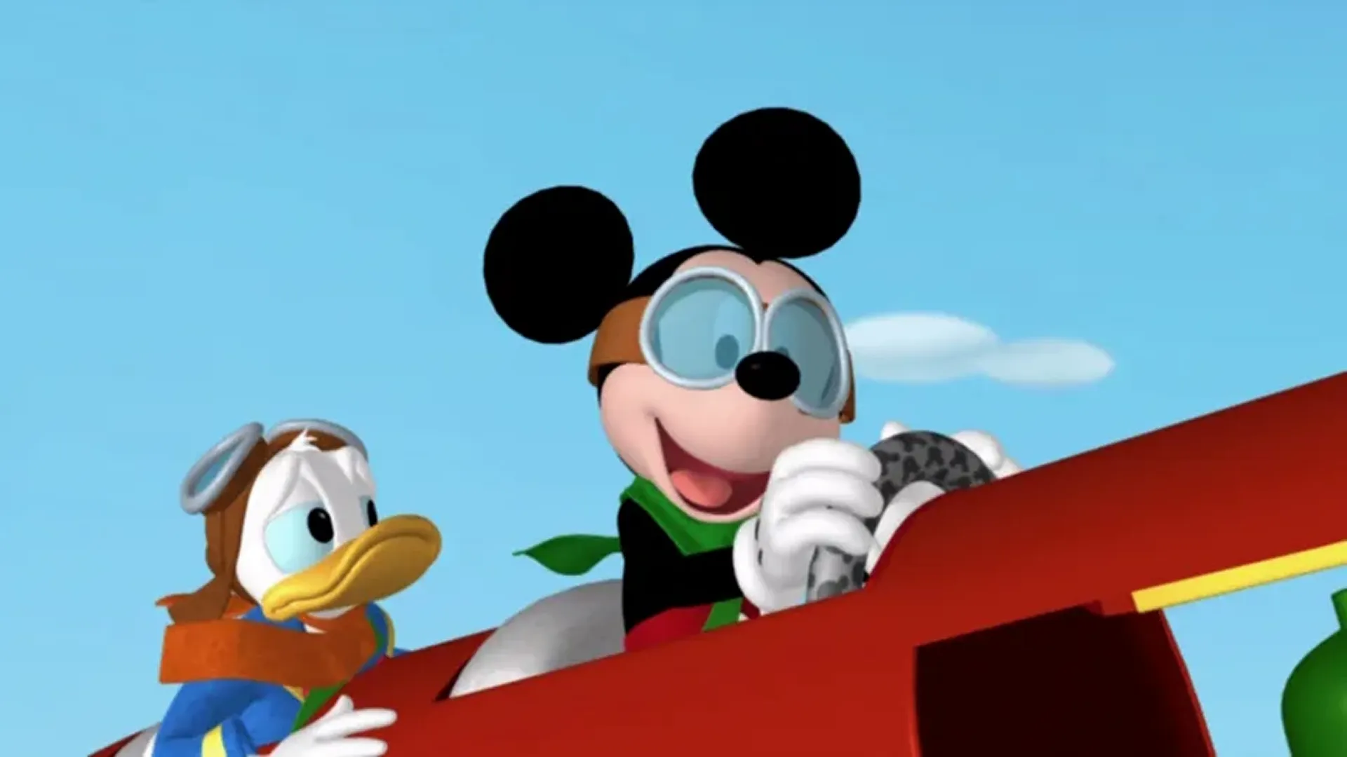 Mickey and Donald fly through the sky in a plane.
