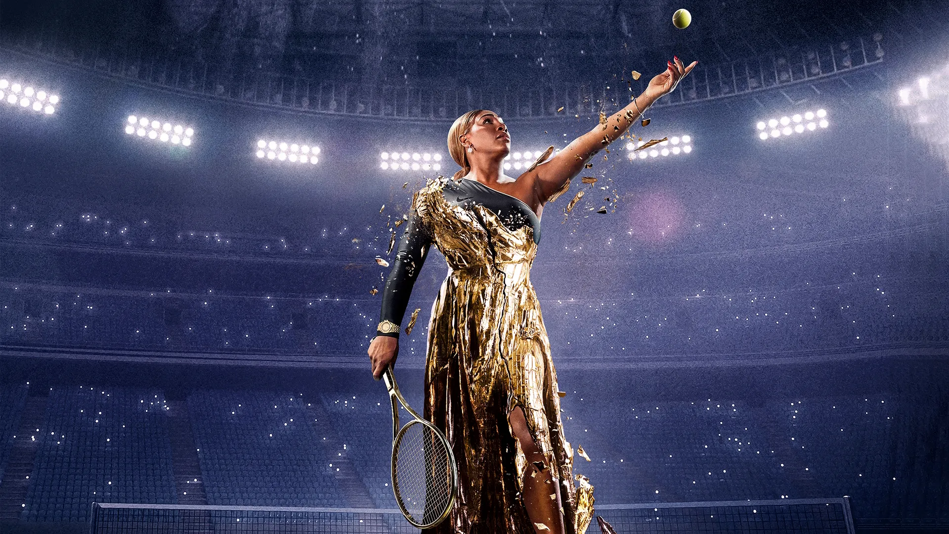 Key art for In The Arena: Serena Williams featuring the WTA legend holding a tennis racquet while wearing a gold dress.
