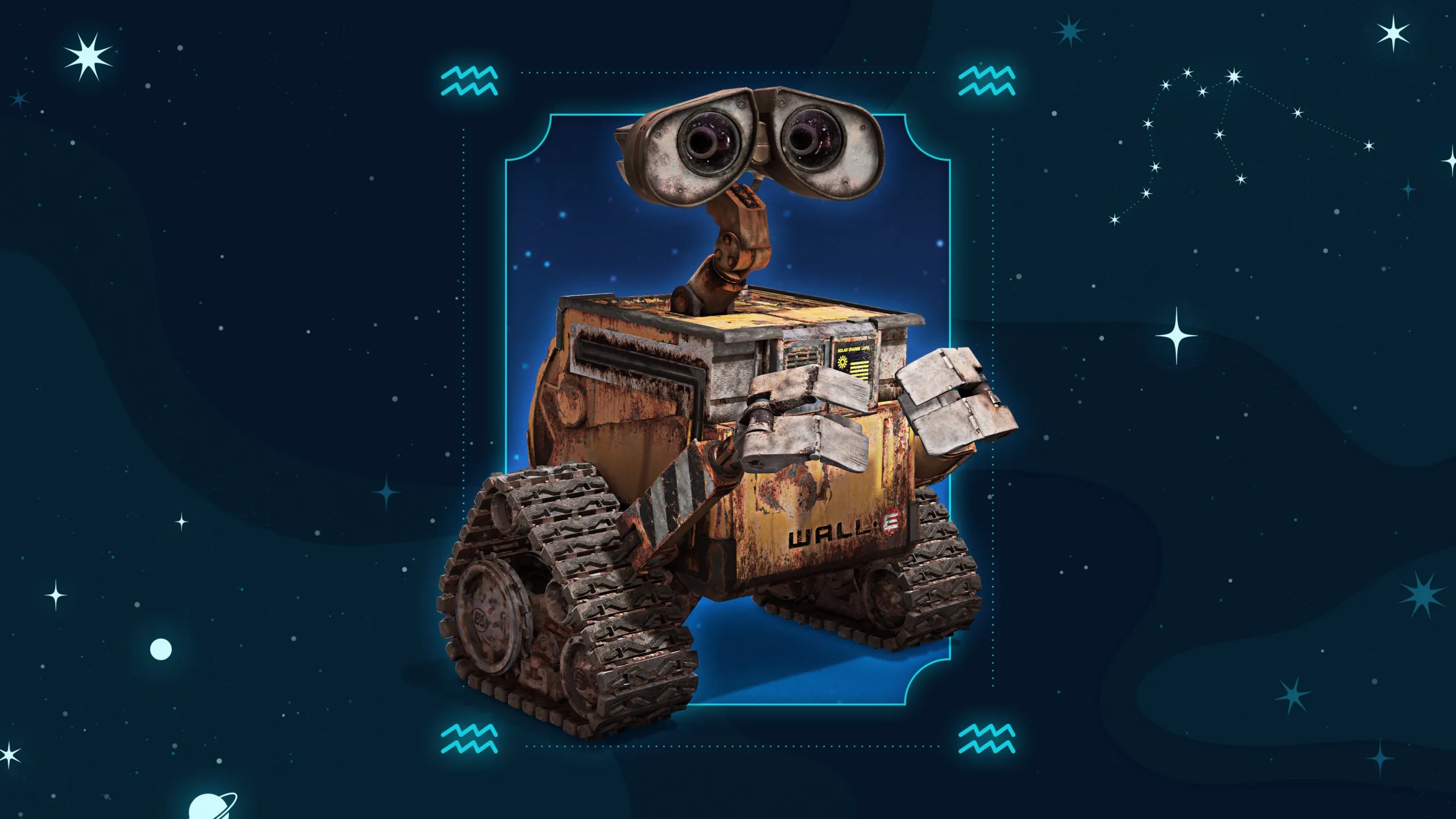  An image featuring WALL•E associated with the Aquarius zodiac sign based on their personality traits and characteristics.