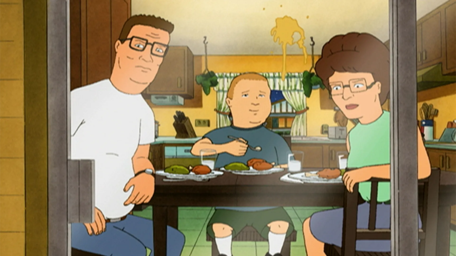 Hank, Peggy, and Bobby eat dinner at the table in an early King of the Hill episode.