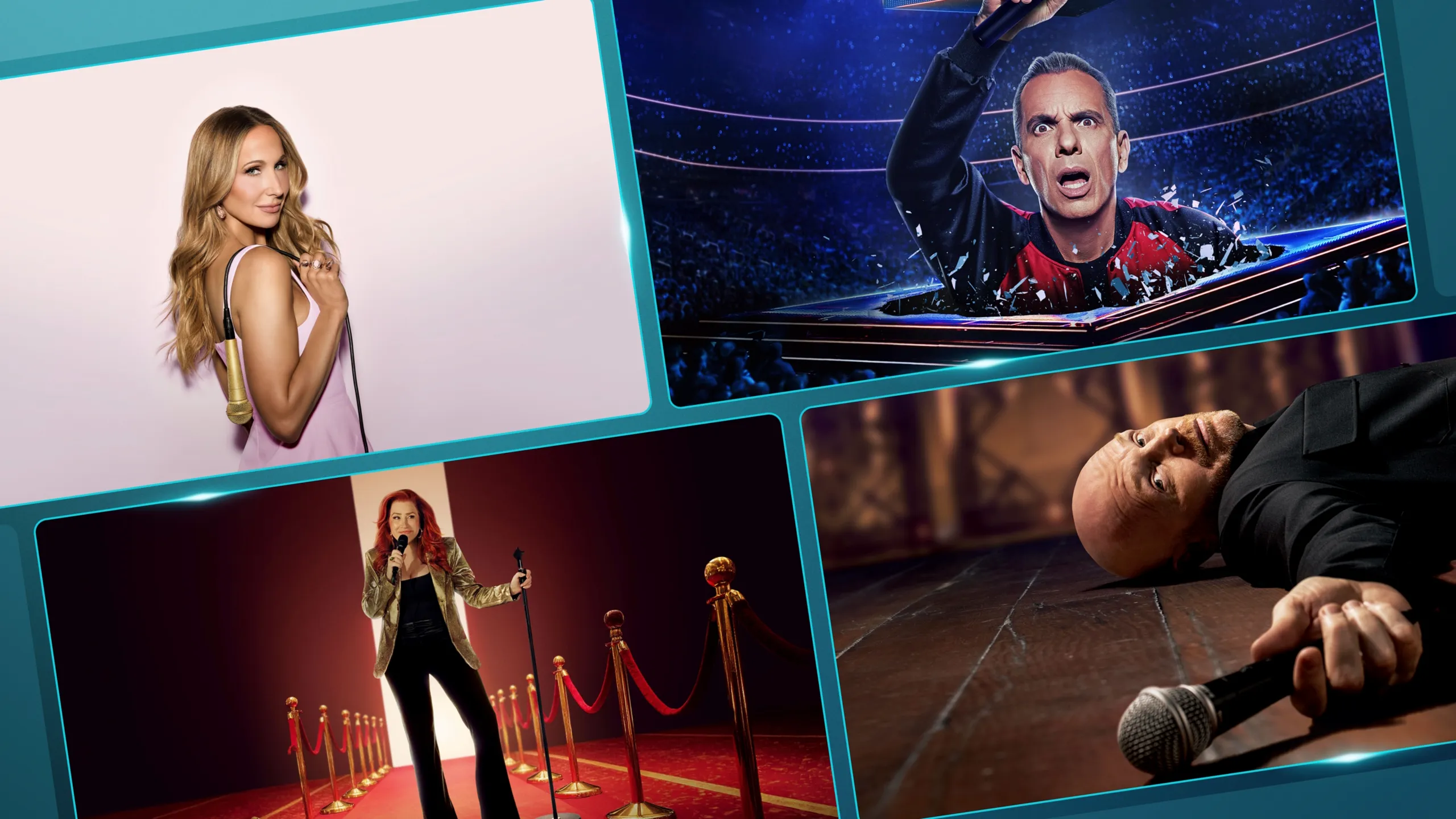 A collage of promotional artwork from Nikki Glaser: Good Girl, Sebastian Maniscalco: It Ain't Right, Lisa Ann Walter: It Was An Accident, and Bill Burr: Drop Dead Days on a teal background