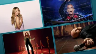 A collage of promotional artwork from Nikki Glaser: Good Girl, Sebastian Maniscalco: It Ain't Right, Lisa Ann Walter: It Was An Accident, and Bill Burr: Drop Dead Days on a teal background