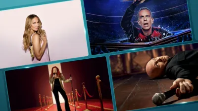A collage of promotional artwork from Nikki Glaser: Good Girl, Sebastian Maniscalco: It Ain't Right, Lisa Ann Walter: It Was An Accident, and Bill Burr: Drop Dead Days on a teal background