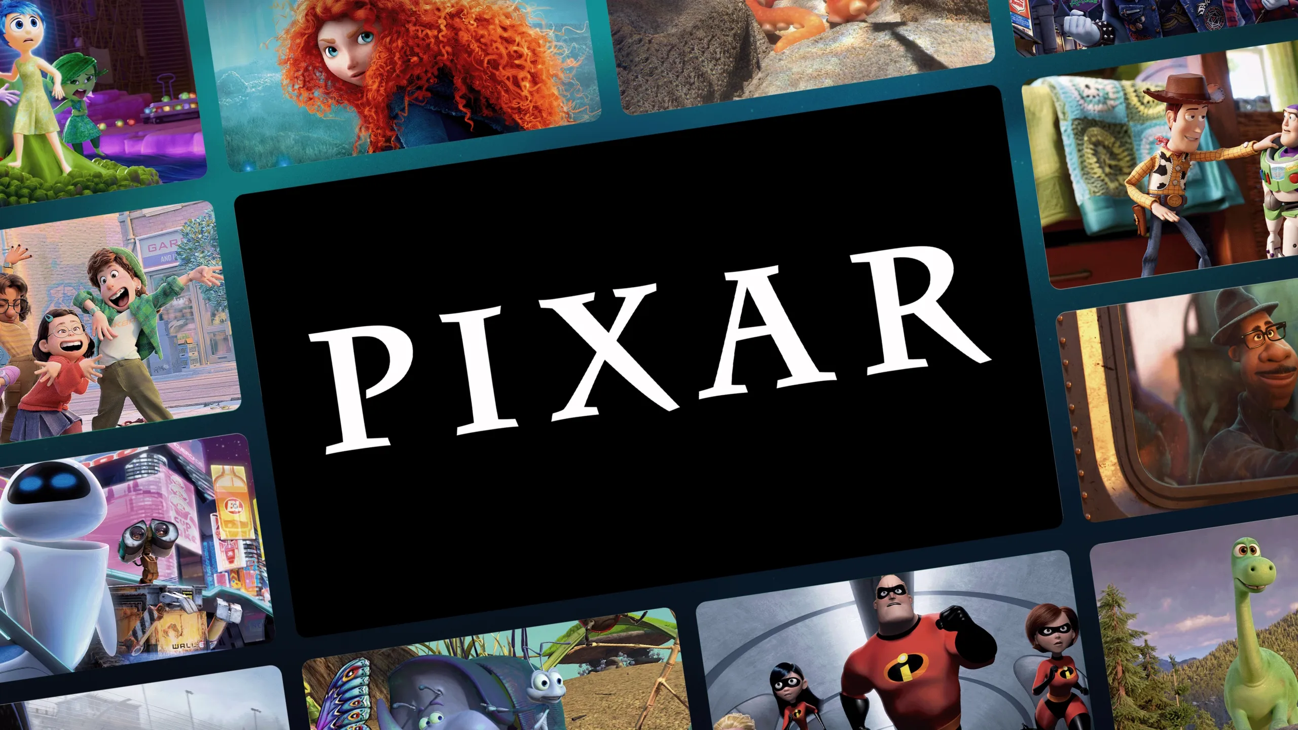 A black central tile featuring the white "PIXAR" logo is surrounded by a collage of colorful stills from various Pixar animated movies, including Brave, Toy Story, Turning Red, WALL-E, The Incredibles, and The Good Dinosaur.