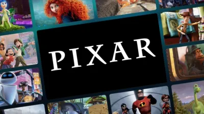 A black central tile featuring the white "PIXAR" logo is surrounded by a collage of colorful stills from various Pixar animated movies, including Brave, Toy Story, Turning Red, WALL-E, The Incredibles, and The Good Dinosaur.