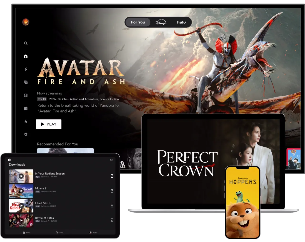 4 Devices showcasing the Disney+ product on TV, Mobile, Laptop, and Tablet