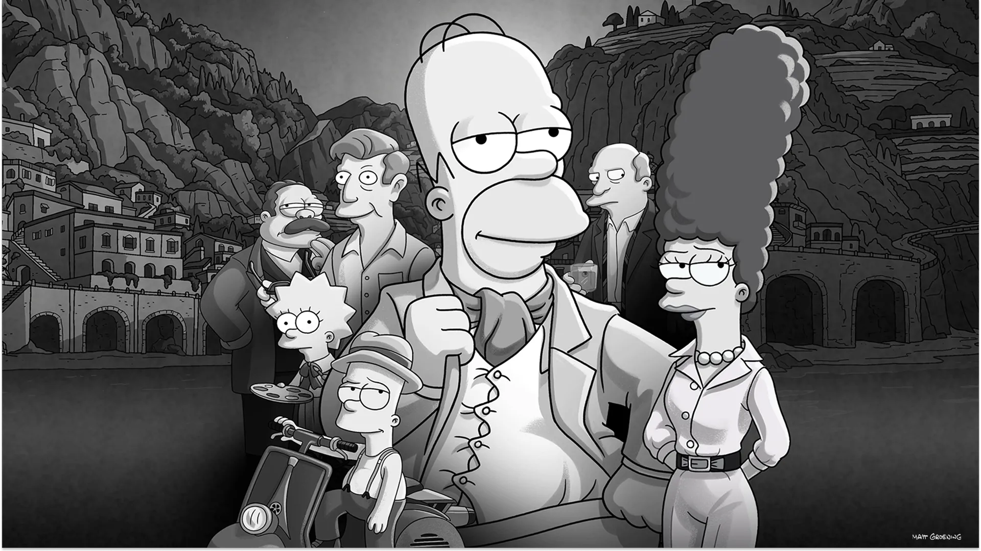 A black and white image of characters from The Simspso