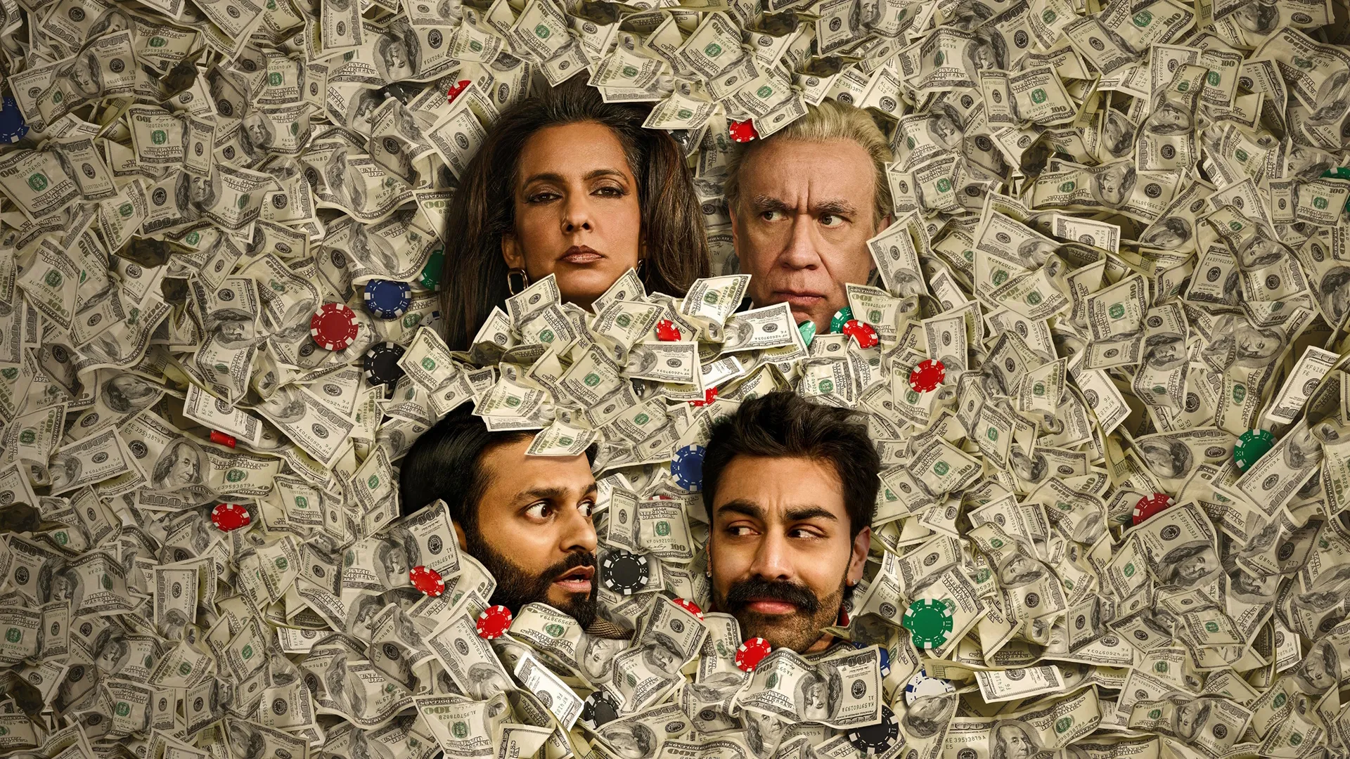 Key art for Deli Boys Season 2 featuring the main cast in a pool of 100 dollar bills.