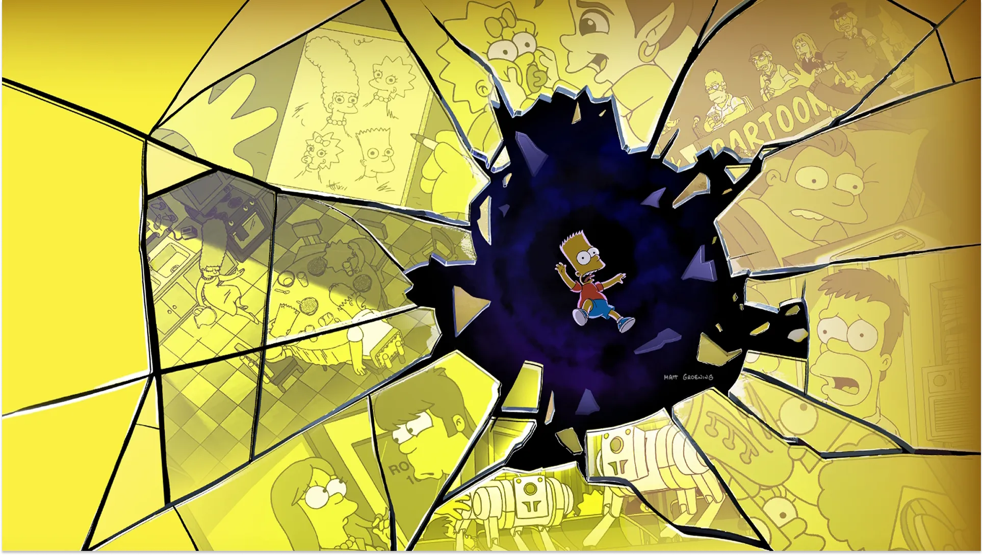 Bart Simpson falling through a shattered yellow glass screen in the promotional art for the Disney+ special The Simpsons: Yellow Mirror, which parodies the sci-fi anthology series Black Mirror