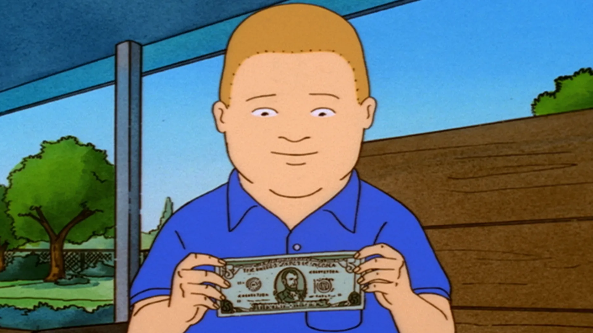 Bobby (Pamela Adlon) smiles while holding up a banknote outdoors.