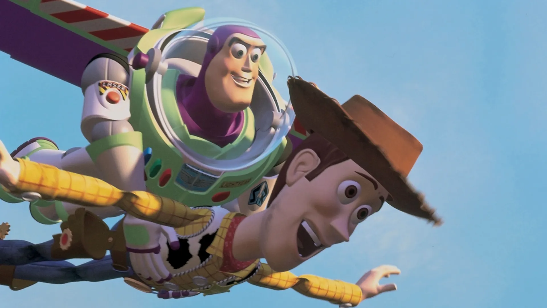 Woody e Buzz Lightyear voando para alcançar o caminhão de mudança do Andy em Toy Story.