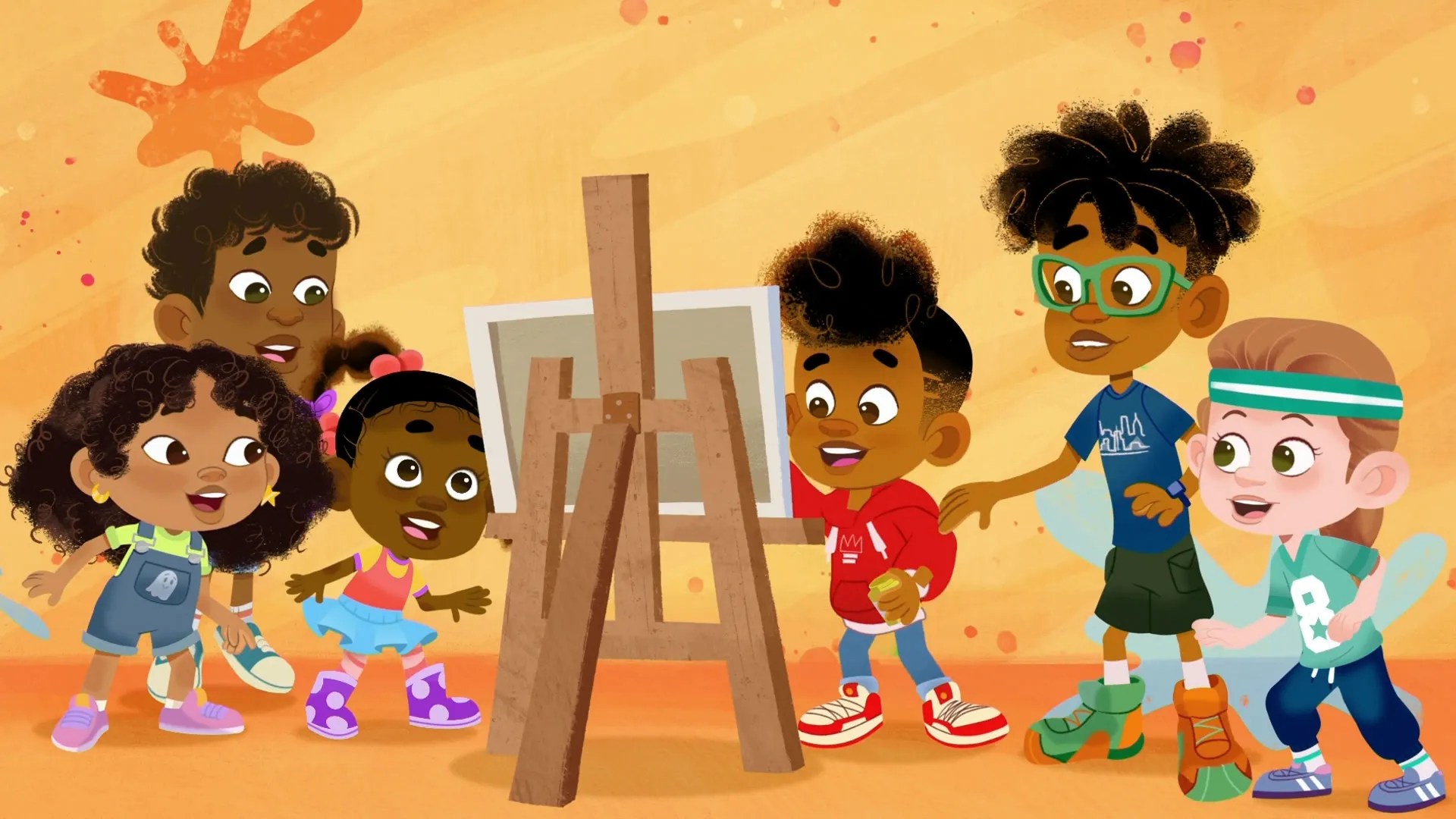 Kids watch on as another paints on a canvas in the animated show, Rise Up Sing Out.