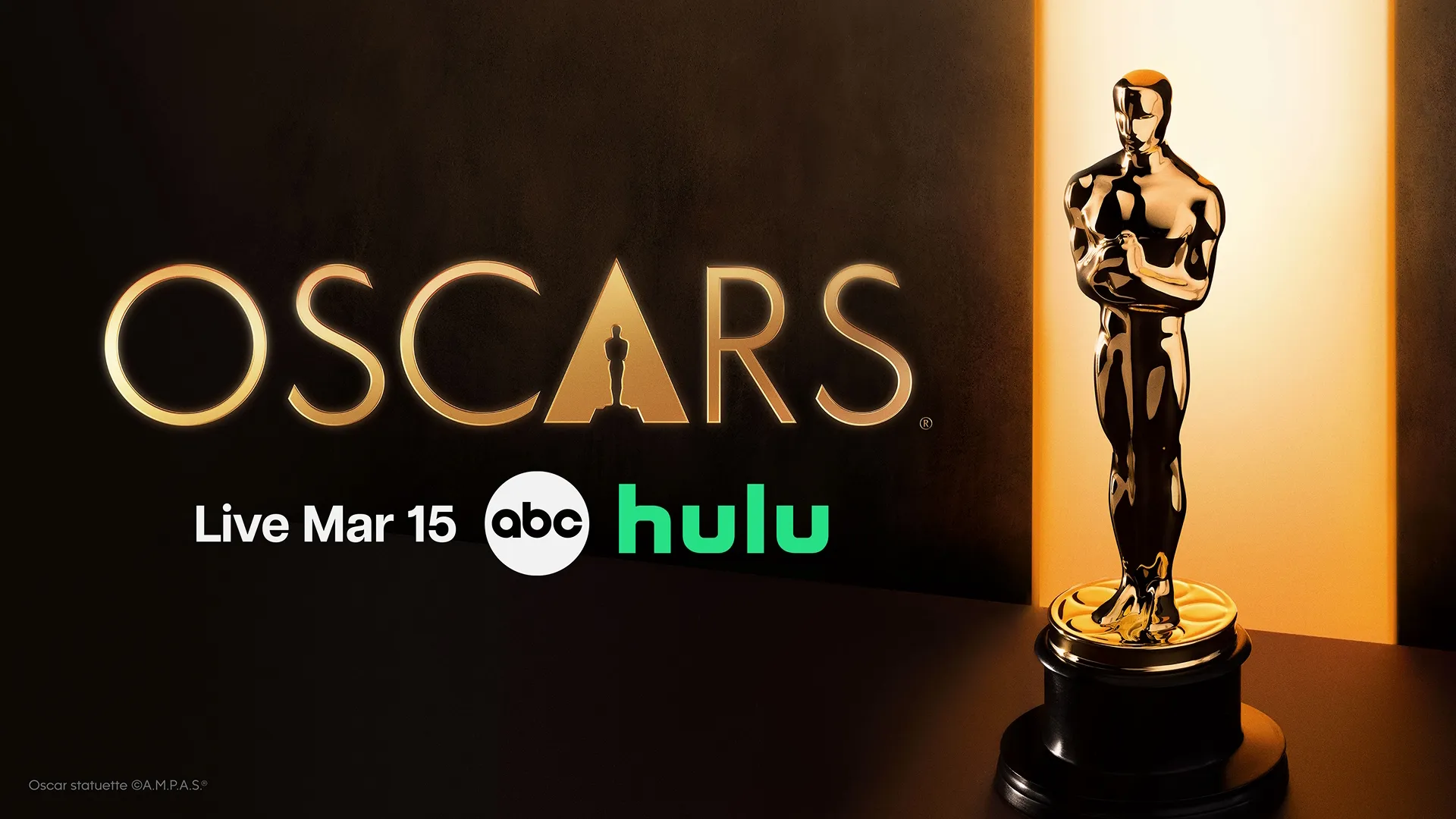 An Oscar statuette next to the Oscars, ABC, and Hulu logos. Text reads: Live Mar 15