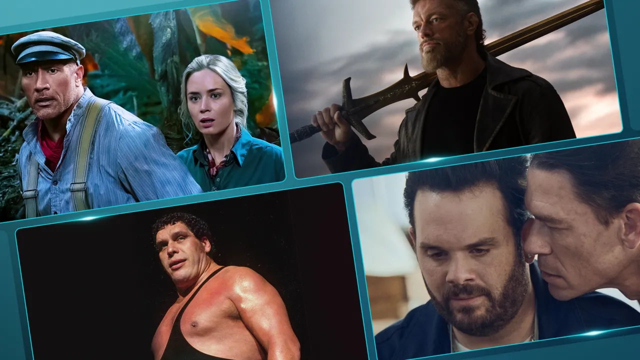 Promo grid showcasing titles that feature WWE superstars including The Rock (Dwayne Johnson) in Jungle Cruise, Edge (Adam Copeland) in Percy Jackson and the Olympians, Sasha Banks (Mercedes Varnado) in The Mandalorian, and John Cena in The Bear.