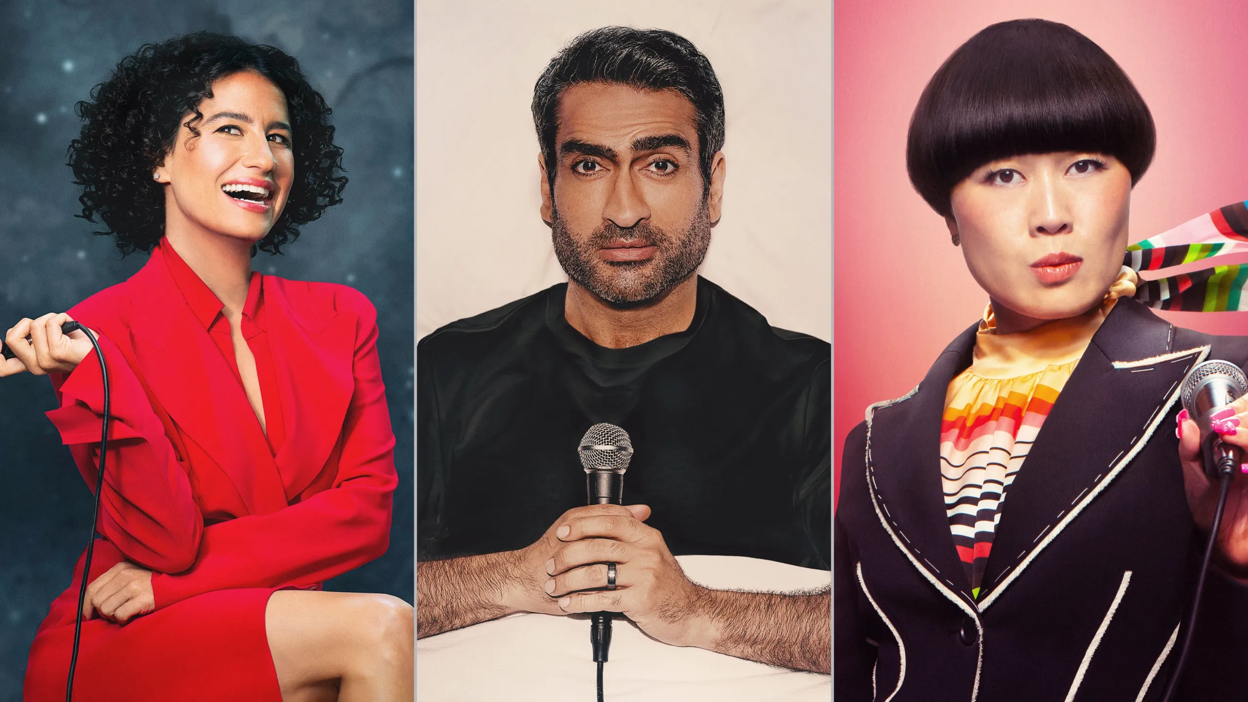 Promotional hero image for the Hularious Stand-Up Comedy To Catch Watch Guide article. This image features comedians Atsuko Okatsuka (left), Kumail Nanjiani (center), and Jenny Yang (right).