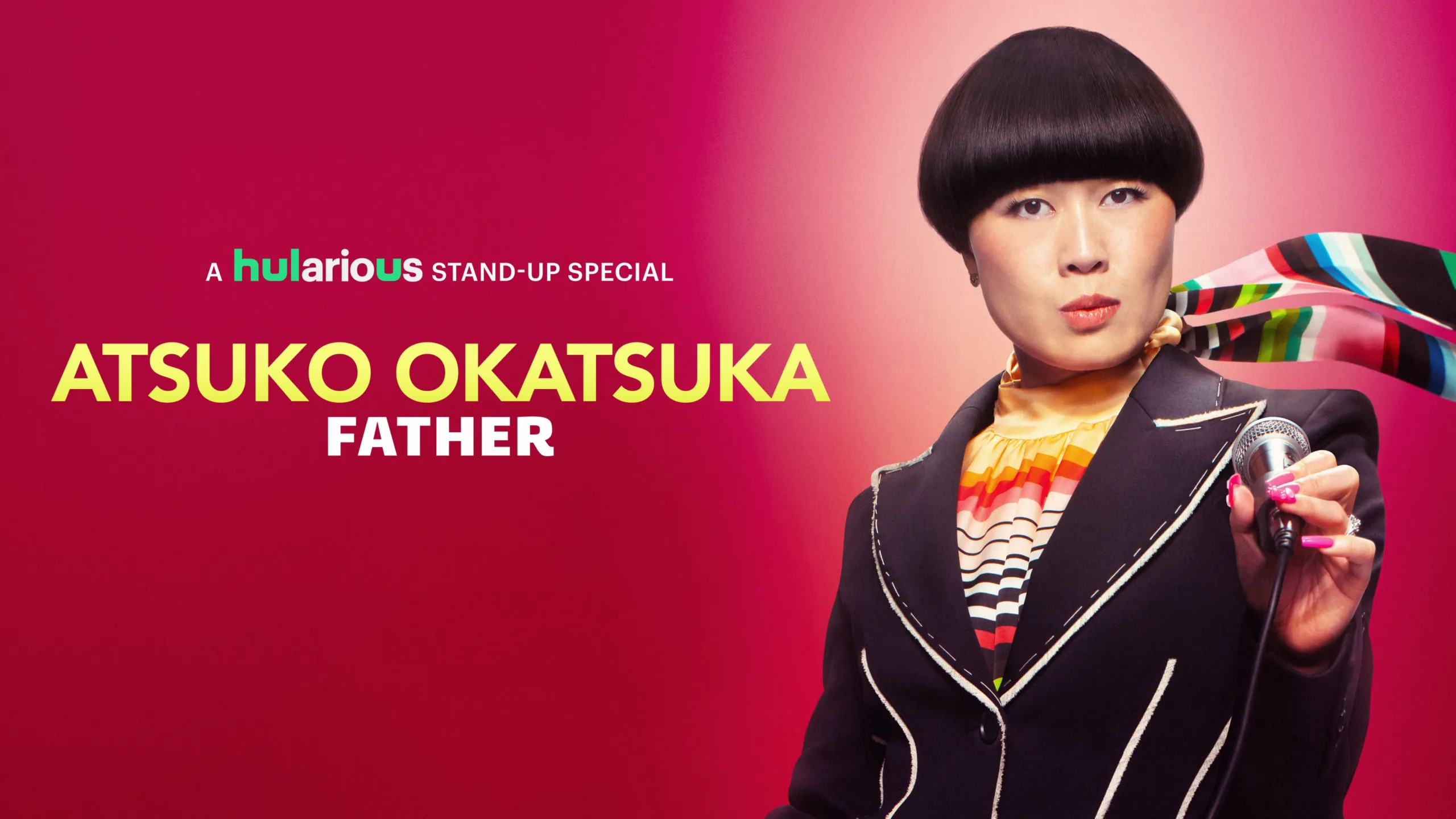 The image is an advertisement for a stand-up comedy special by Atsuko Okatsuka, titled Father. Atsuko Okatsuka: Father, Disney+, Hulu