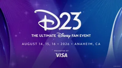 A poster reading "D23 The Ultimate Disney Fan Event. August 14, 15, 16, 2026. Anaheim, CA. Presented by Visa"