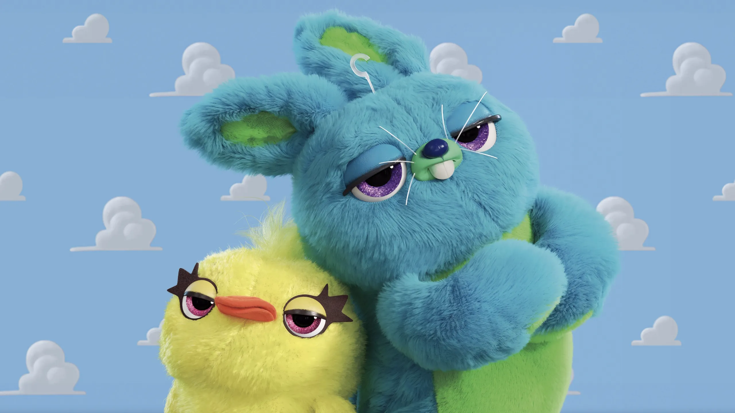Ducky and Bunny, two plush carnival prize characters who first appear in Toy Story 4.