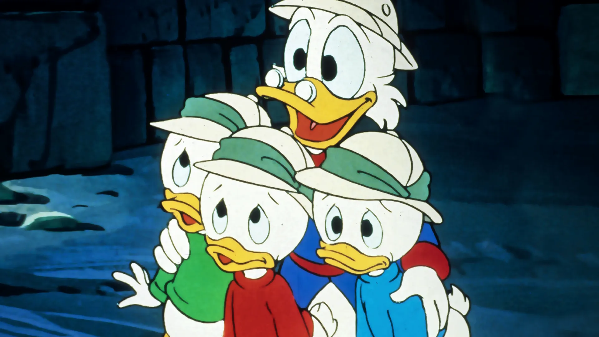 This image features the characters Huey, Dewey, Louie, and Scrooge McDuck from the animated television series DuckTales.
