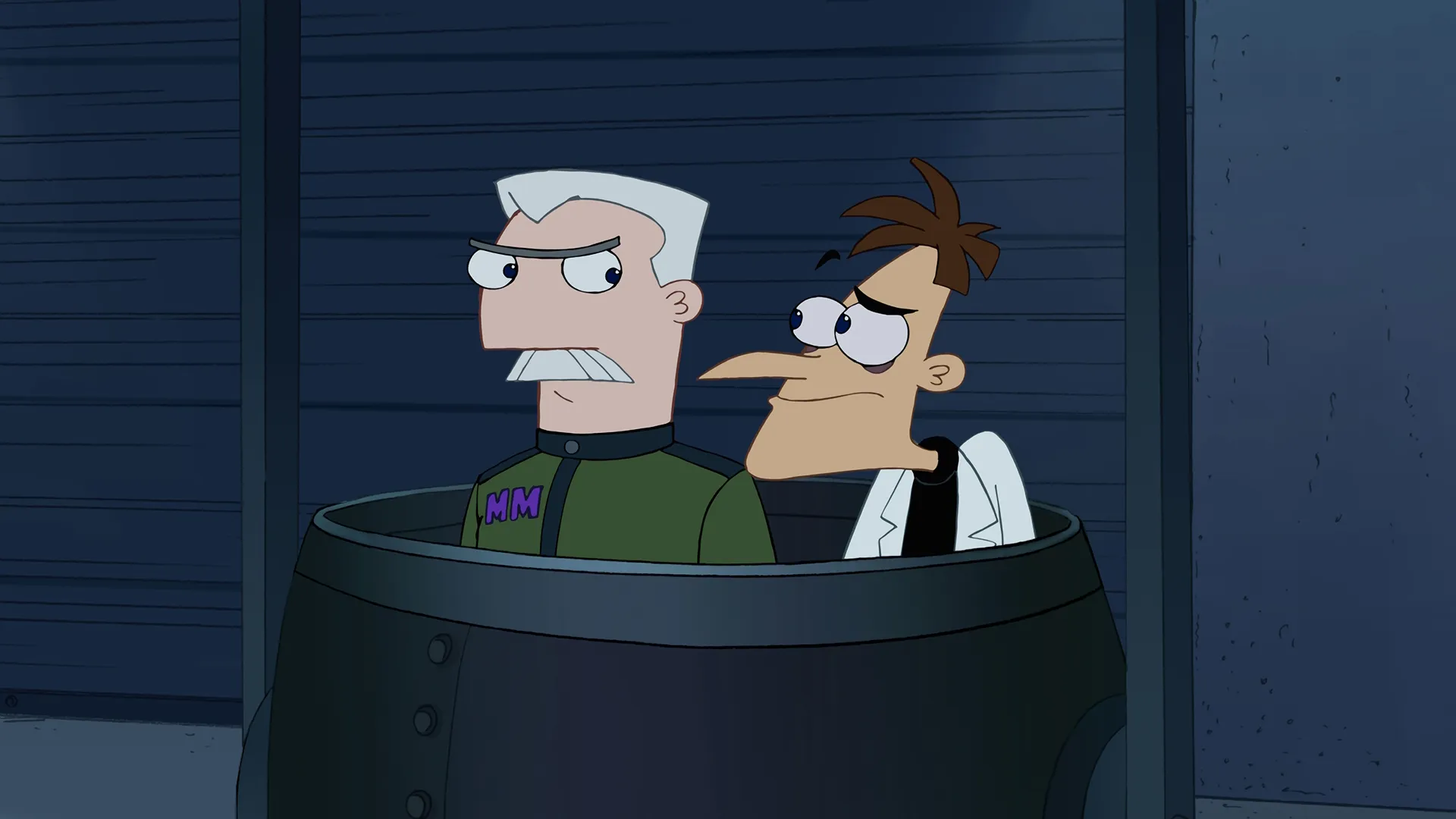 Major Monogram (voiced by Swampy Marsh) and Dr. Doofenshmirtz (voiced by Dan Povenmire) in Phineas and Ferb