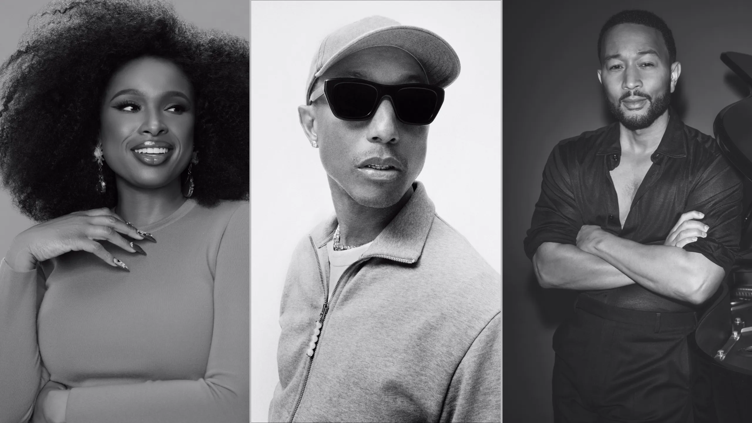 Black and white portraits of Jennifer Hudson, Pharrell Williams, and John Legend.