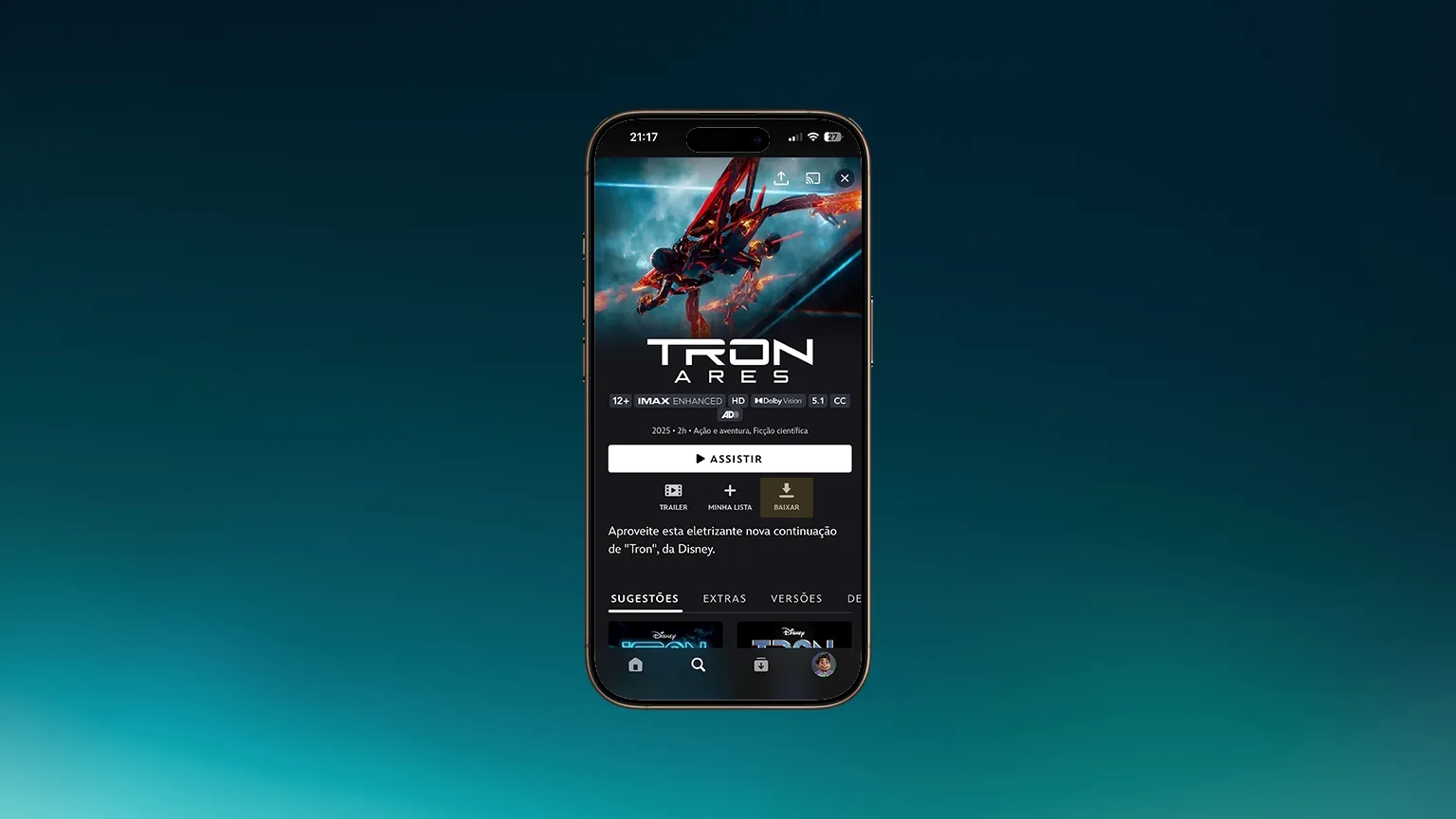 Captura de tela da página do filme Tron no aplicativo do Disney+, com o botão de download destacado.