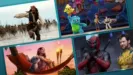 A collage of images from Pirates of the Caribbean: Dead Man's Chest, Disney and Pixar's Toy Story 4, Lili & Stitch (2025), and Deadpool & Wolverine