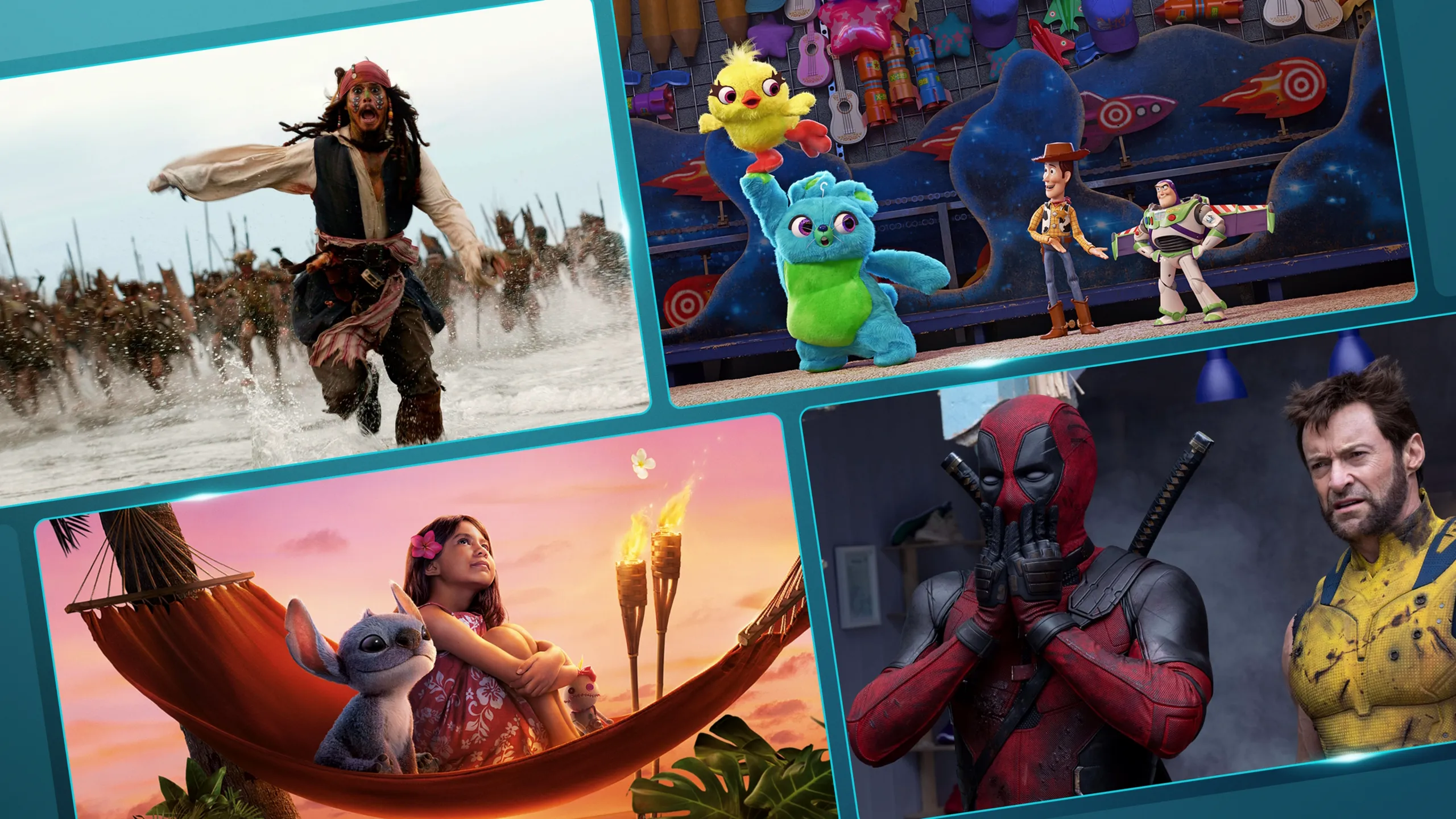 A collage of images from Pirates of the Caribbean: Dead Man's Chest, Disney and Pixar's Toy Story 4, Lili & Stitch (2025), and Deadpool & Wolverine
