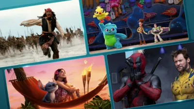 A collage of images from Pirates of the Caribbean: Dead Man's Chest, Disney and Pixar's Toy Story 4, Lili & Stitch (2025), and Deadpool & Wolverine