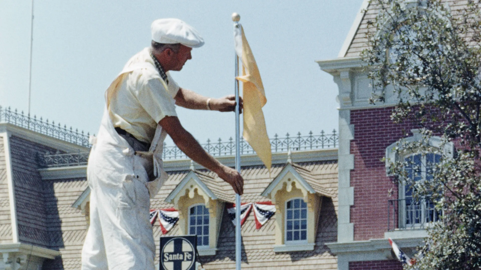This image captures a moment during the construction of Disneyland in Anaheim, California, in the mid-1950s.