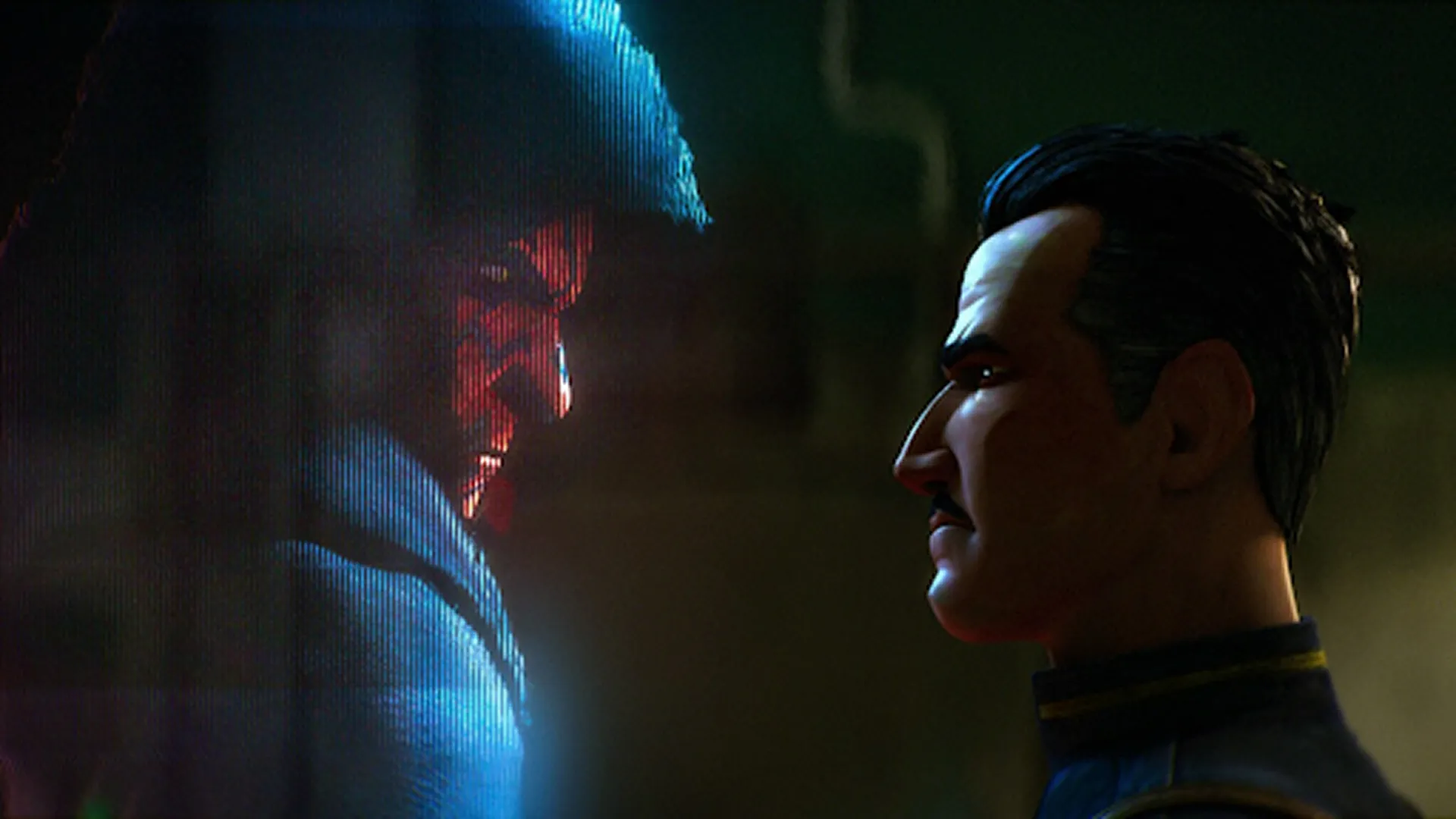 Captain Brander Lawson (Voiced By Wagner Moura) looks at a hologram of Maul.