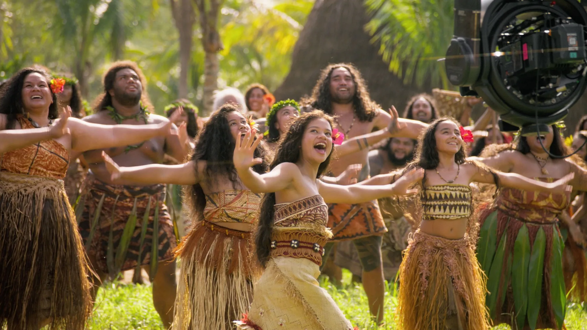 Catherine Laga'aia dances with her people in Moana, Disney