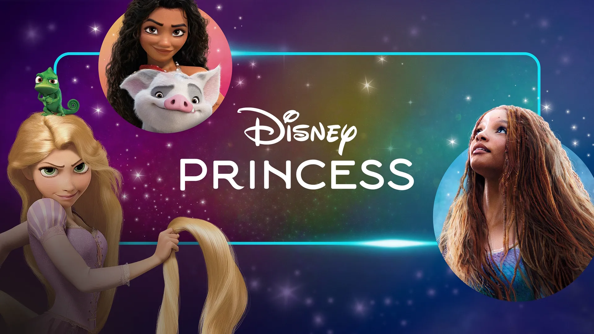 A promotional graphic features the Disney Princess logo surrounded by Moana and Pua, Rapunzel with Pascal on her head, and the live-action Ariel from The Little Mermaid against a sparkling, starry purple background.