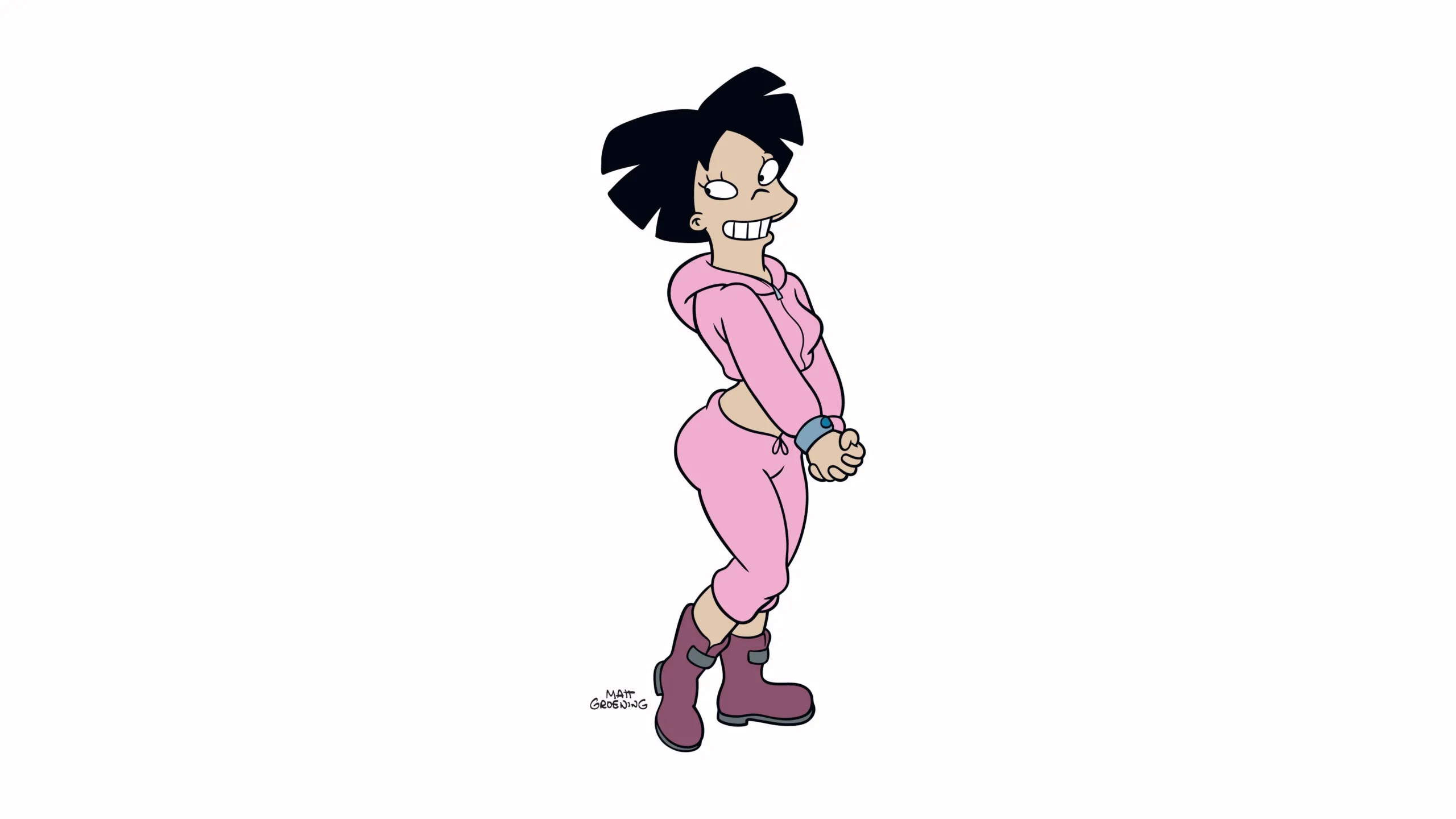 Amy in her iconic pink cropped hoodie and matching sweatpants.