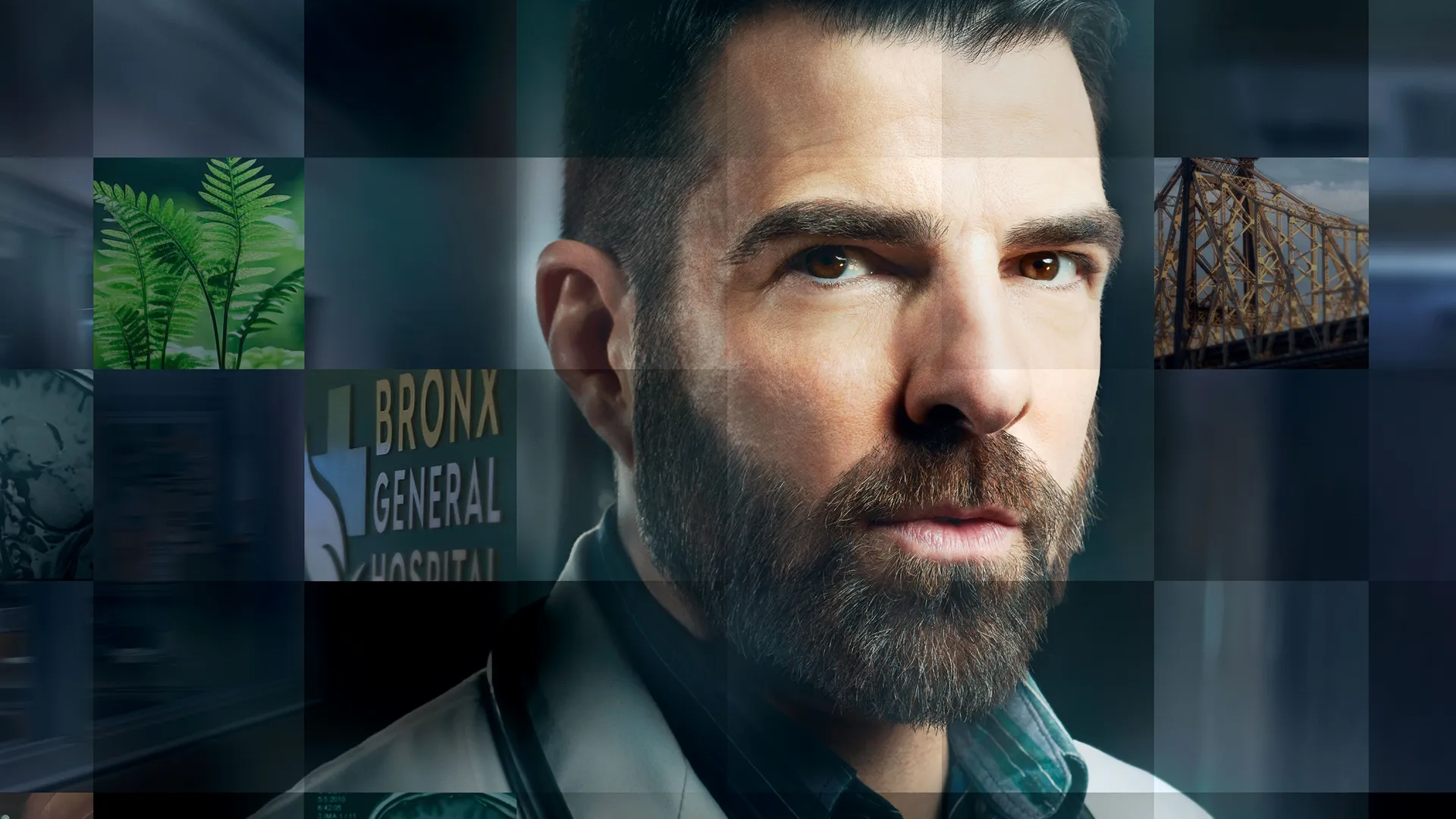 A close-up portrait shows a serious, dark-haired man with a thick beard, Dr. Oliver Wolf (Zachary Quinto), wearing a white lab coat over a plaid shirt, presented over a mosaic background of smaller, square images that include green ferns, a bridge structure, and a sign reading "Bronx General Hospital".
