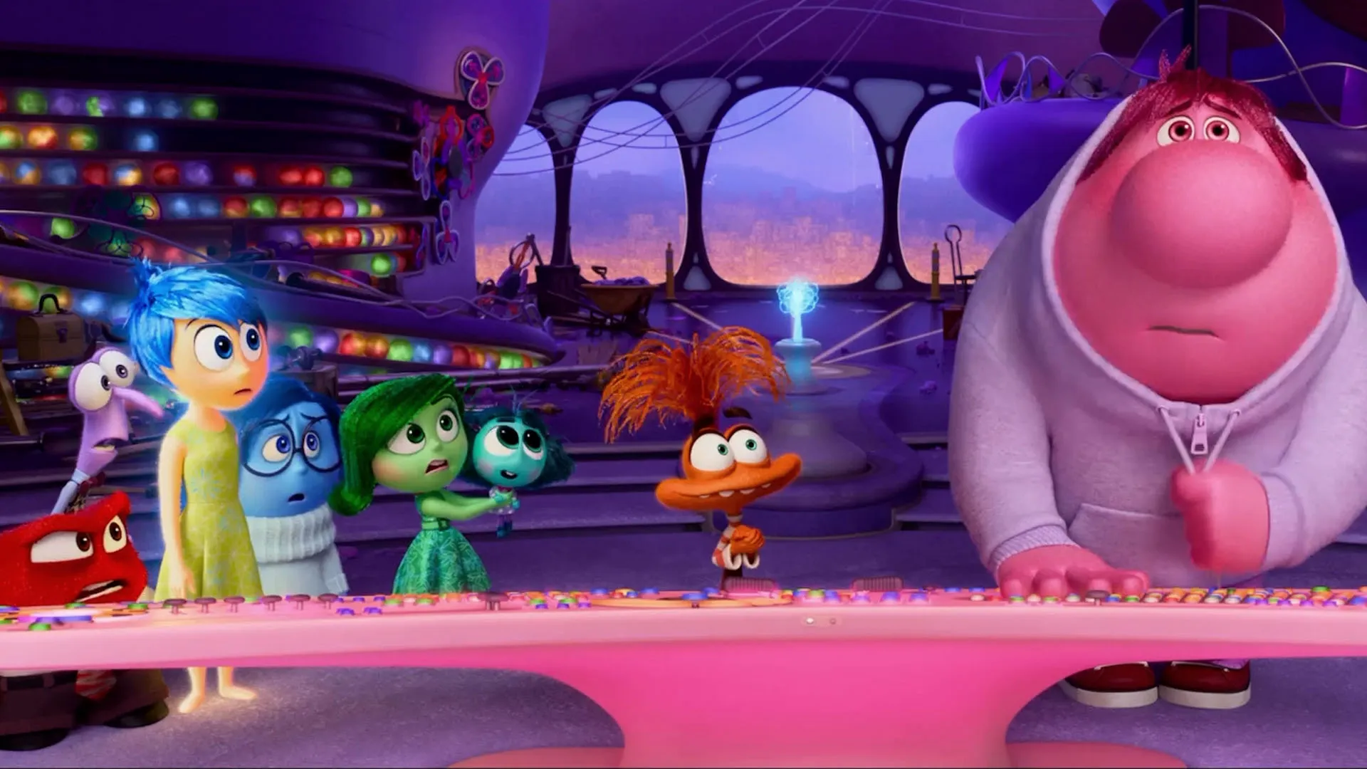 The Emotions stand at Riley's controls, looking at Embarrassment in shock