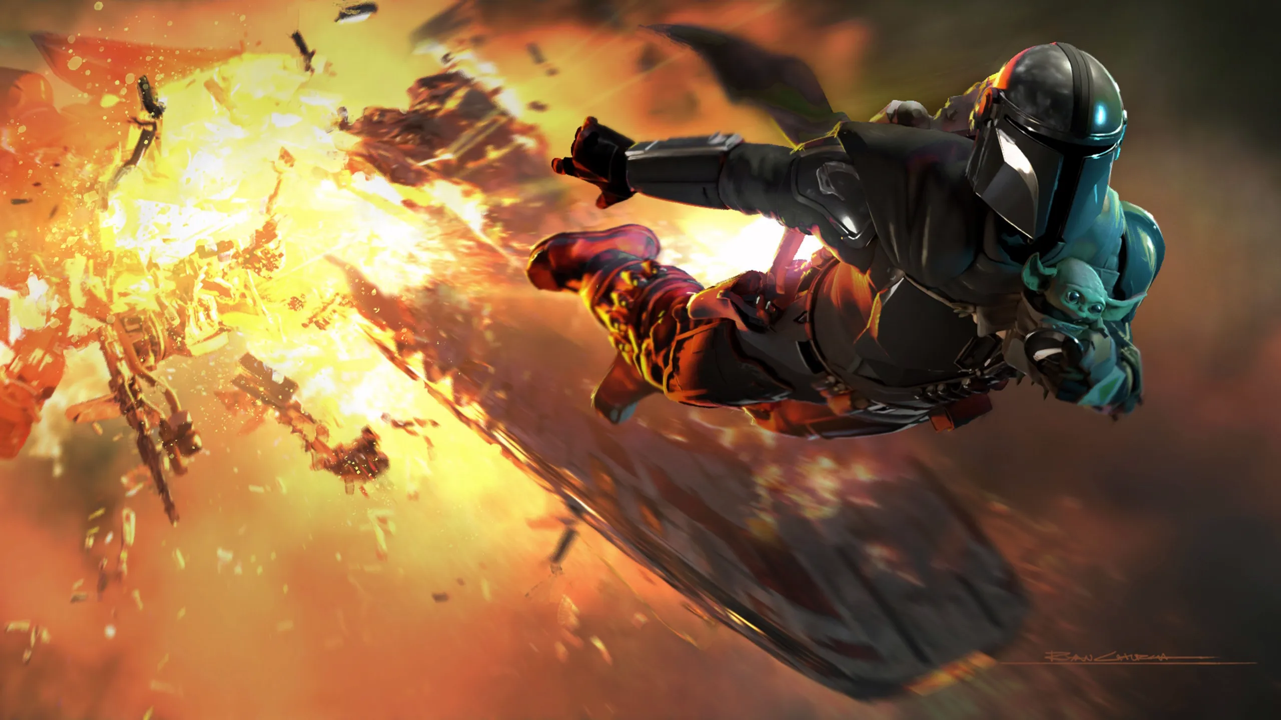 グローグーを抱えるマンダロリアン!