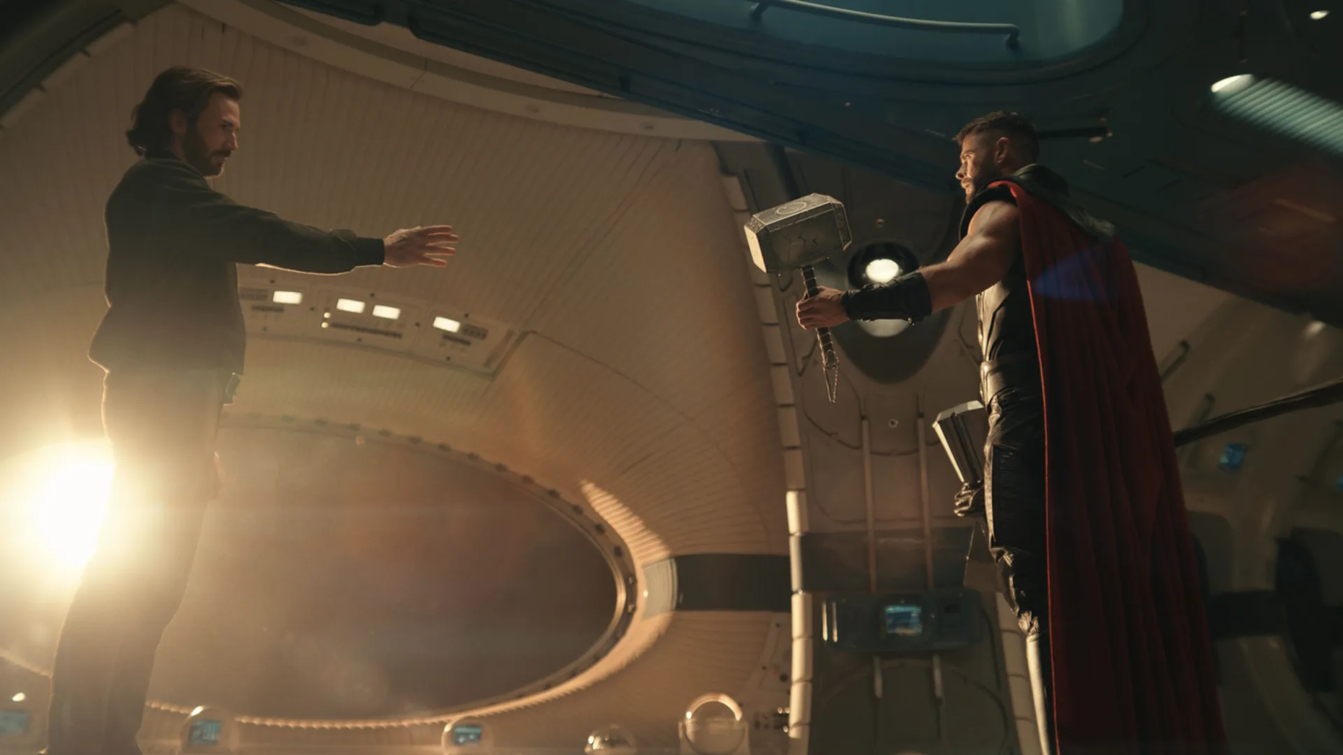 Steve Rogers meets with Thor.