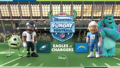 An animated image of Mike and Sulley from Monsters, Inc. standing next to football players in a stadium. Text reads "Monsters Funday Football. Eagles at Chargers. Monday, December 8 8PM ET."