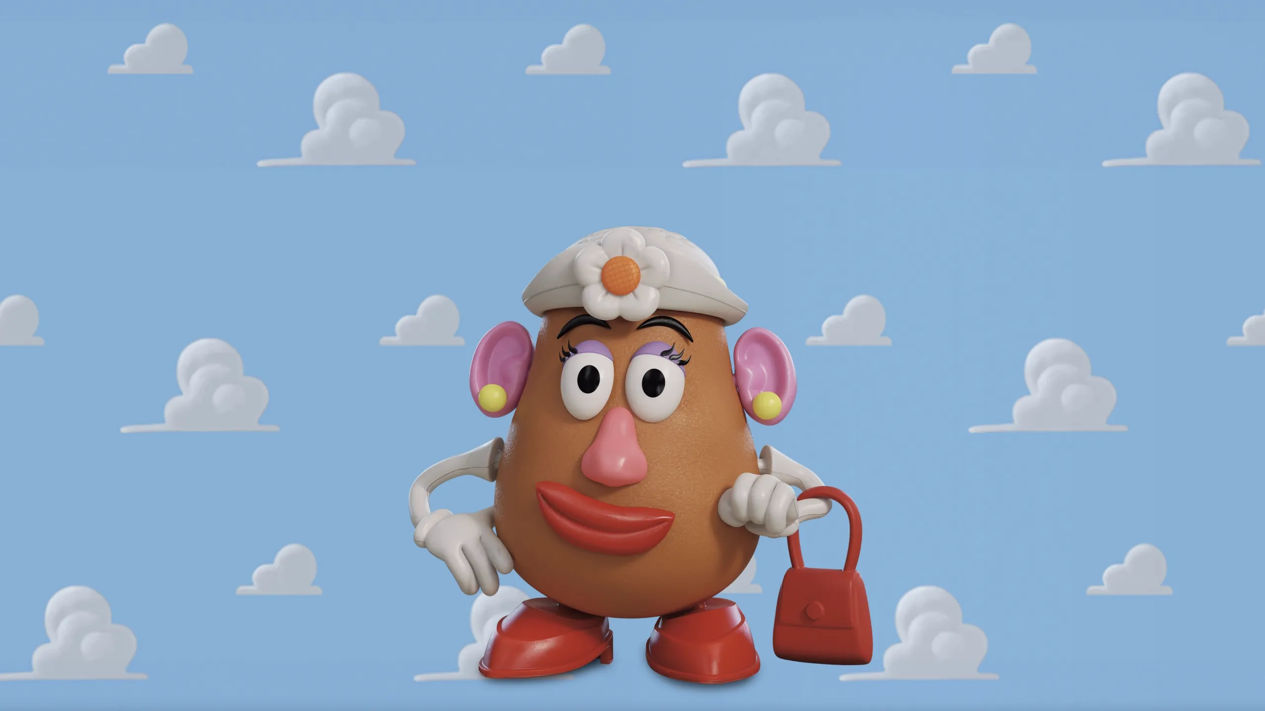 A Mrs. Potato Head doll wearing a white hat with a flower on it and carrying a red handbag