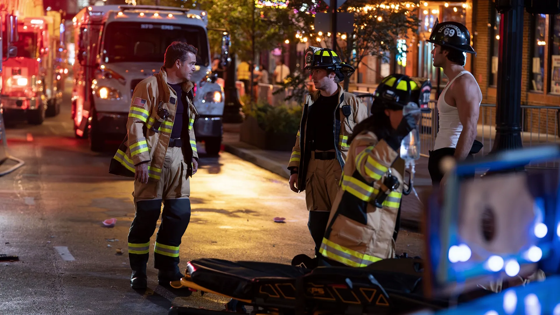 Promotional still from the television series 9-1-1: Nashville featuring multiple cast memebers