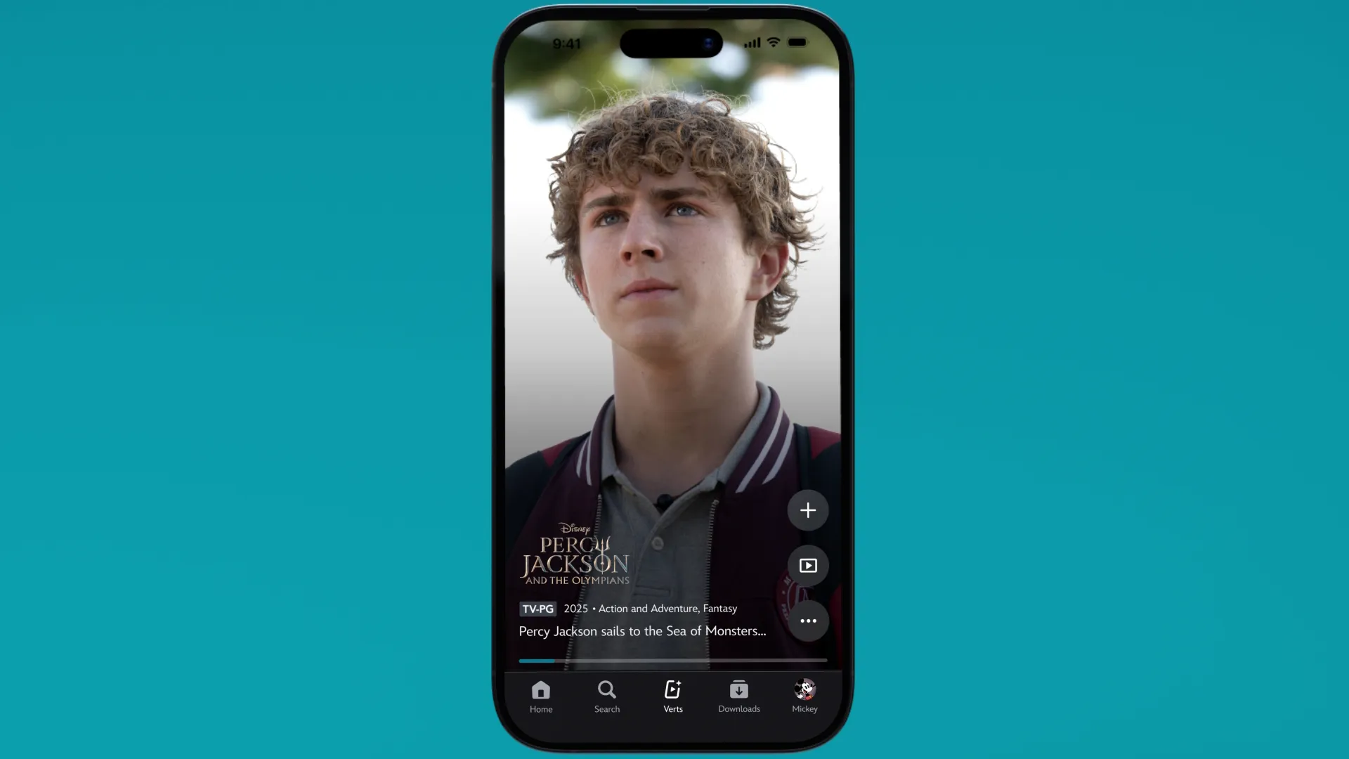 Mobile device showcasing the Verts feature with a scene from Percy Jackson and the Olympians.