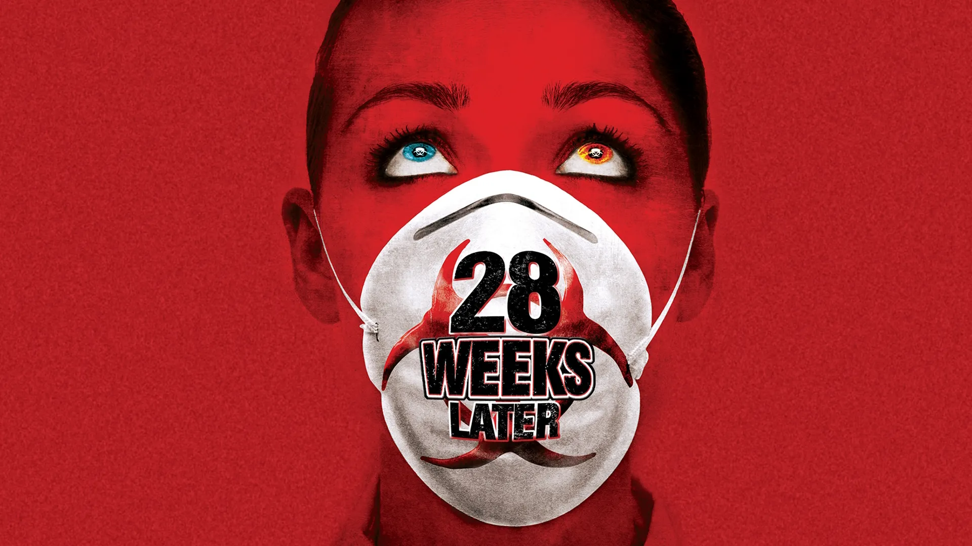 A bright red background, a woman wearing a face mask with the movie title written on it