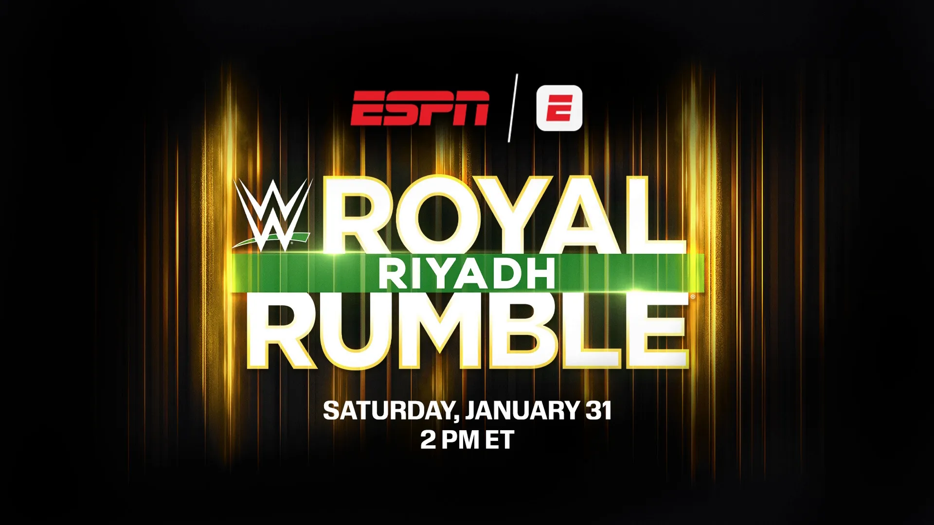 A promotional image featuring the WWE Royal Rumble and ESPN logos. Text reads: Saturday, January 31, 2PM ET