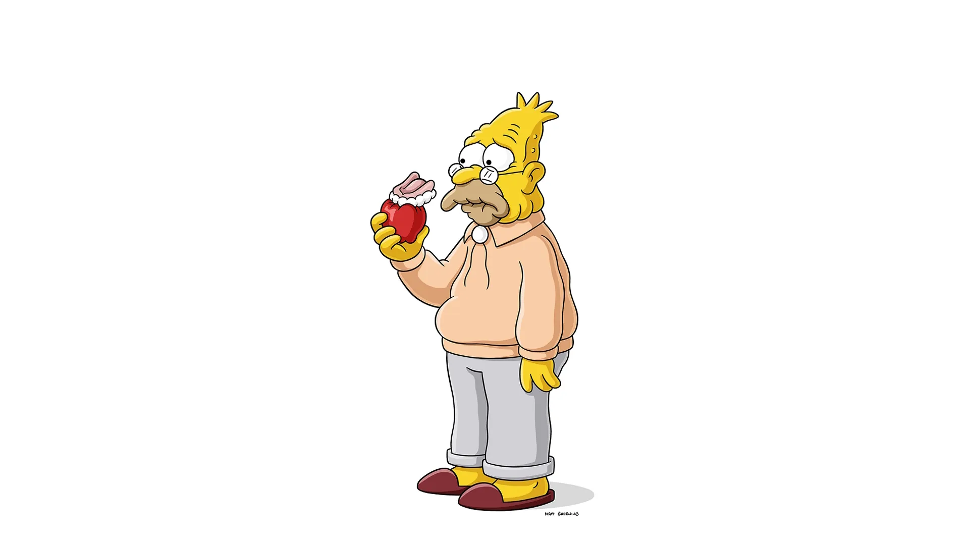 Ilustração detalhada de Abraham "Vovô" Simpson, da série de animação Os Simpsons. Ele está vestindo seu característico suéter bege claro e calças cinza.